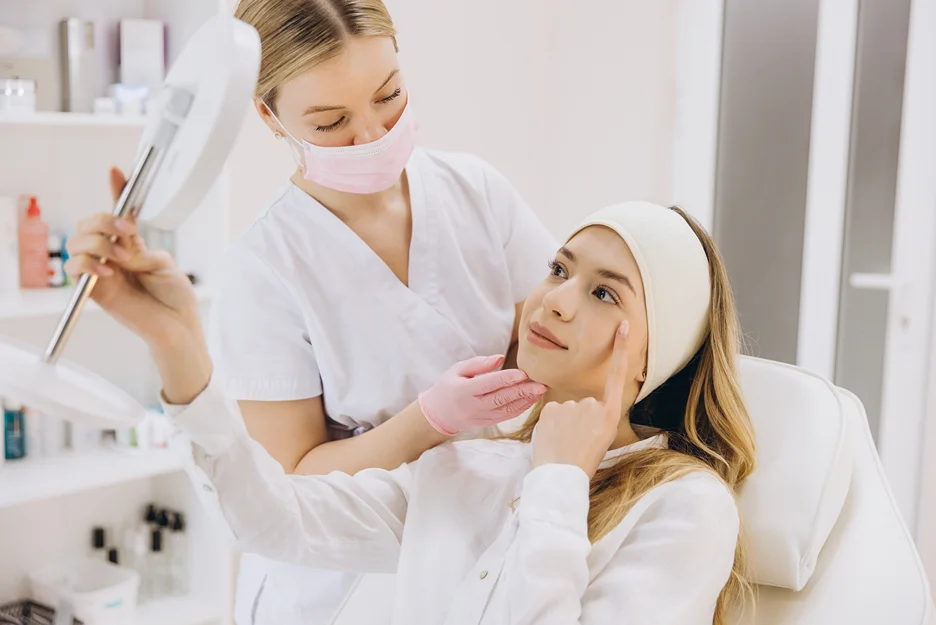 Aesthetician holding a mirror during a consultation while the client points to her under-eye area