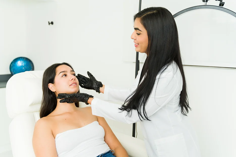 Practitioner in a white coat examining a client's face before treatment