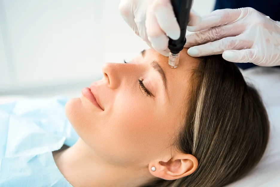 Microneedling pen being applied to a client's forehead