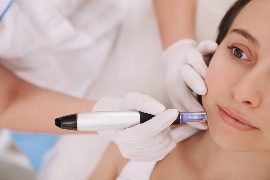 Aesthetician gliding a microneedling pen along a client's jawline