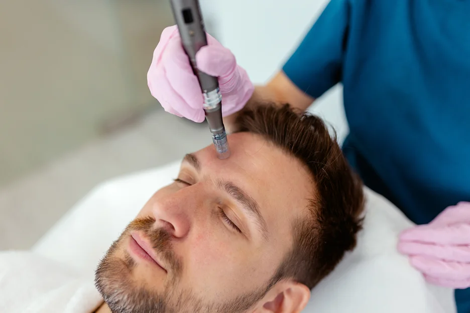 Practitioner treating a man's forehead with a microneedling pen