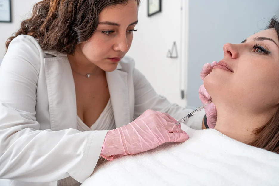Practitioner administering a facial injection along a client's jawline