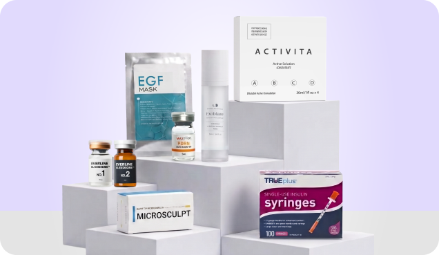 Face Med Store products on display pedestals — EGF masks, Activita Active Solution, exosome vials, Microsculpt, and TruePlus syringes