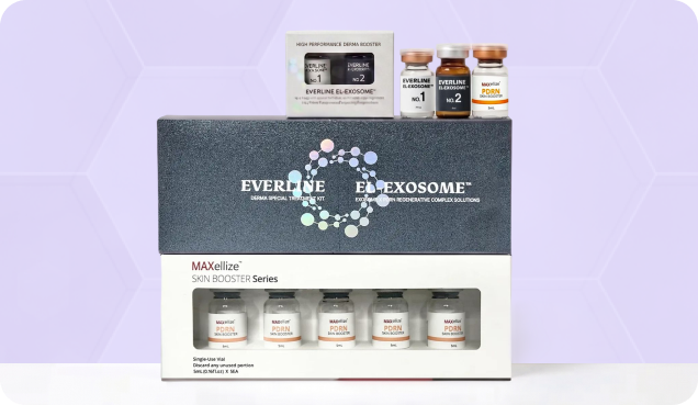 Everline EL-Exosome kit with its No.1 and No.2 vials above a MAXellize PDRN Skin Booster vial series