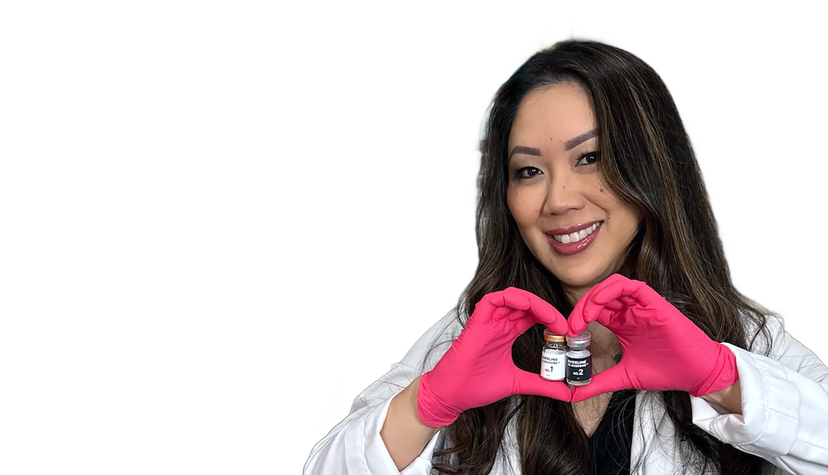 Clinician in pink gloves forming a heart shape around two Everline Exosome vials