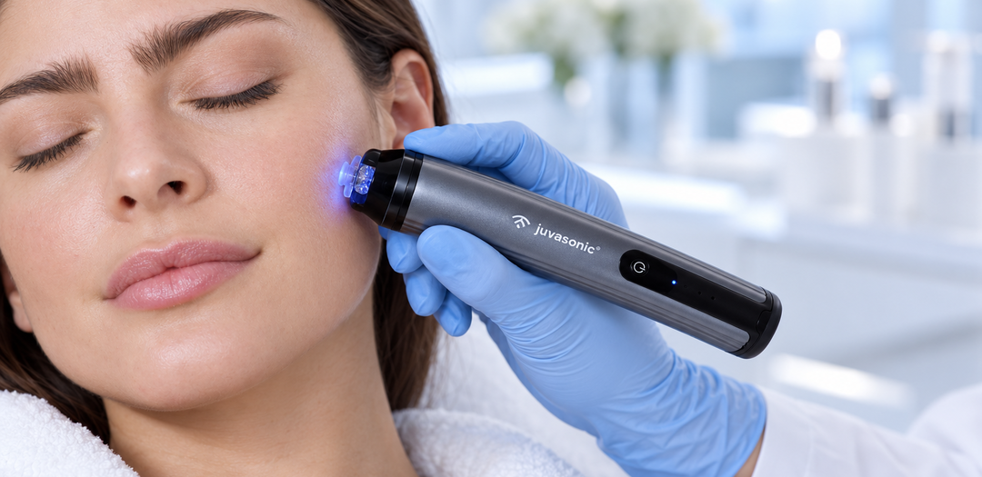 Gloved practitioner holding the Juvasonic needle-free sonic device to a patient’s cheek