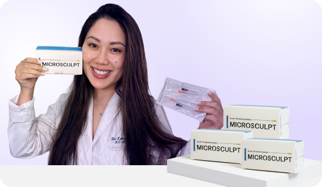 Practitioner in a white coat holding Microsculpt microcannula boxes and a blister pack, with stacked Microsculpt boxes beside her