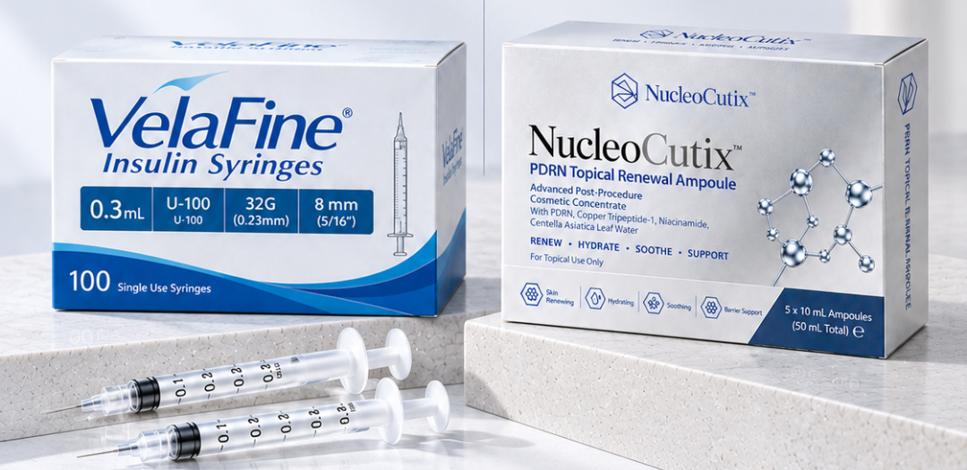 VelaFine 0.3 mL 32G insulin syringe box with two syringes beside a NucleoCutix PDRN Topical Renewal Ampoule box