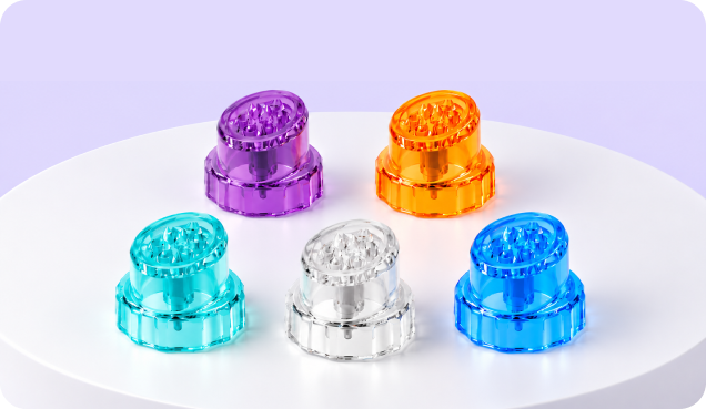 Five colours of Water Facial machine tip bags fanned out — Teal, Blue, Clear, Orange and Purple