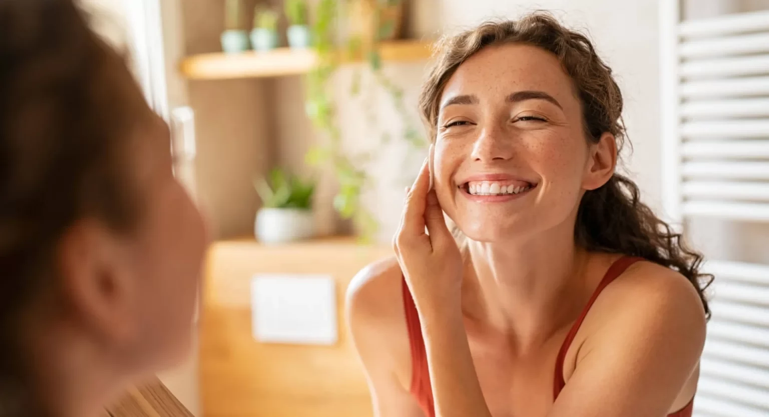 Cheerful young woman using cotton pad while looking in mirror