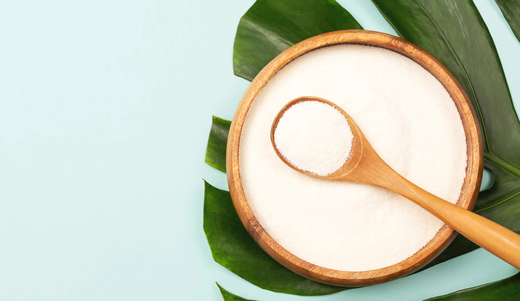 Collagen powder in bowl and measure spoon on palm leaf background