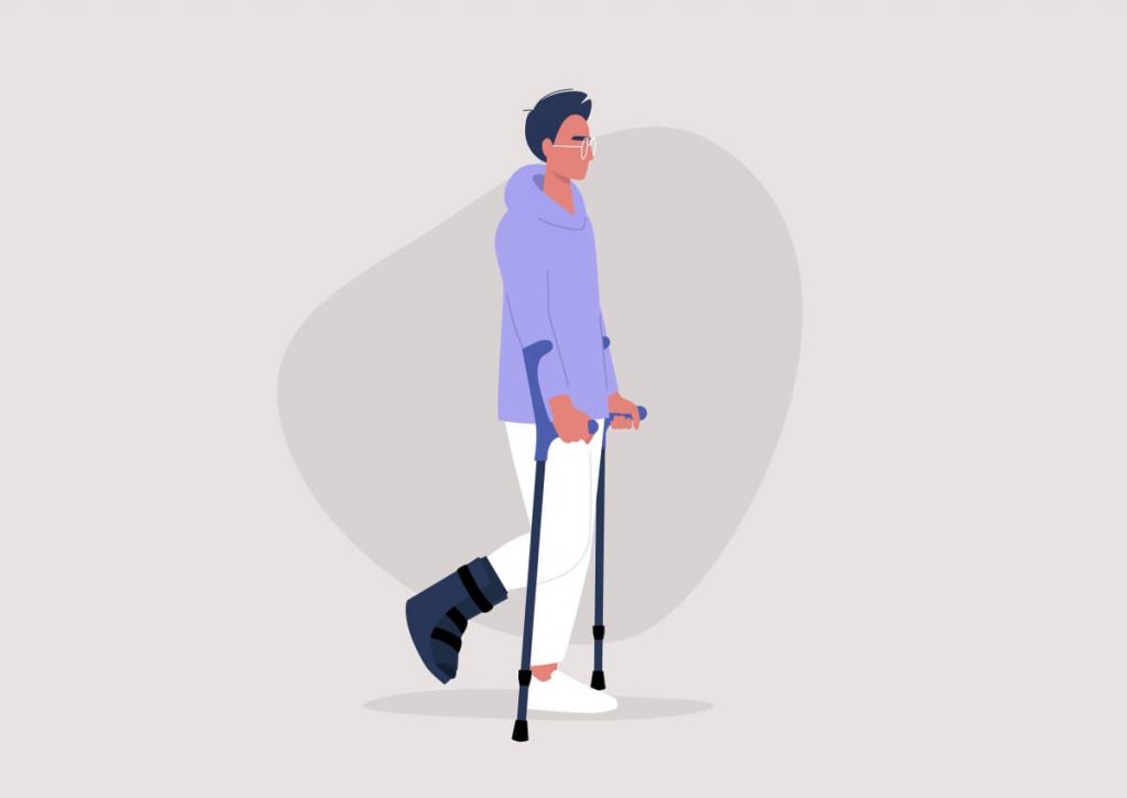 male character with a fractured leg using crutches to walk