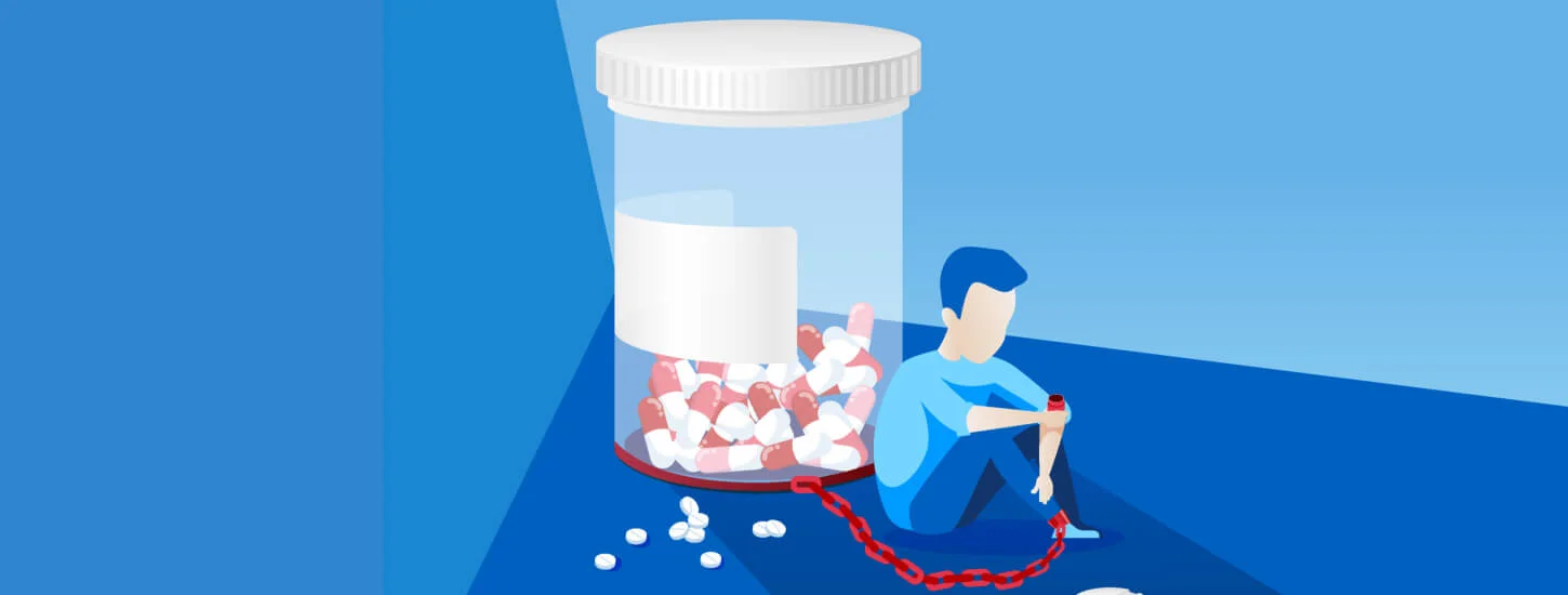 sick man with painkiller addiction chained to the bottle of pills
