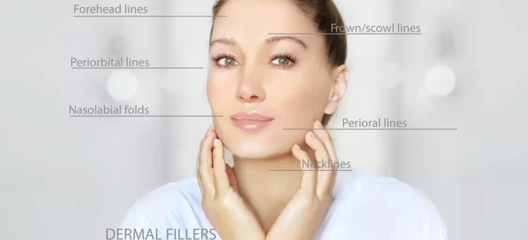 A woman's face with specific areas for treatment injections