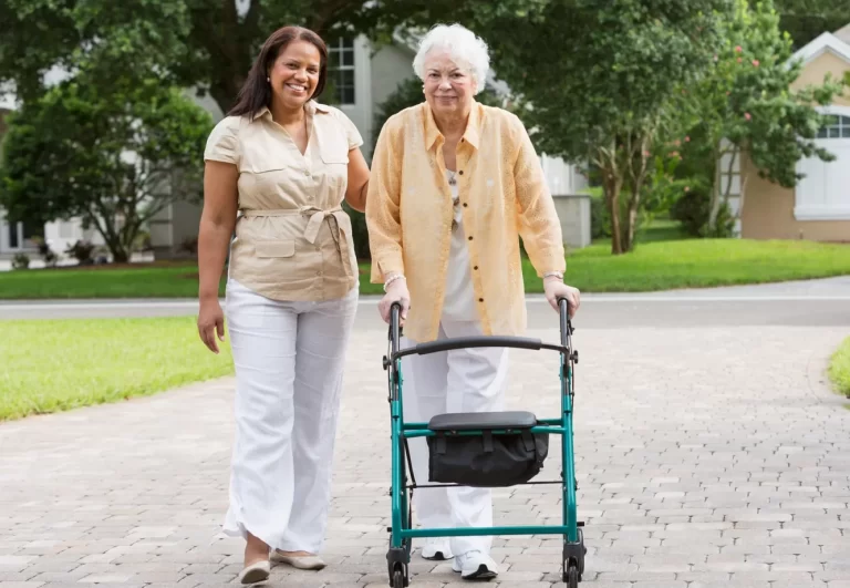 mature woman uses walker as walking aid after PRP injection