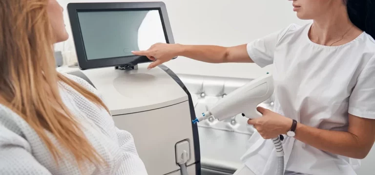 licensed practical nurse performs laser hair removal treatment on a client