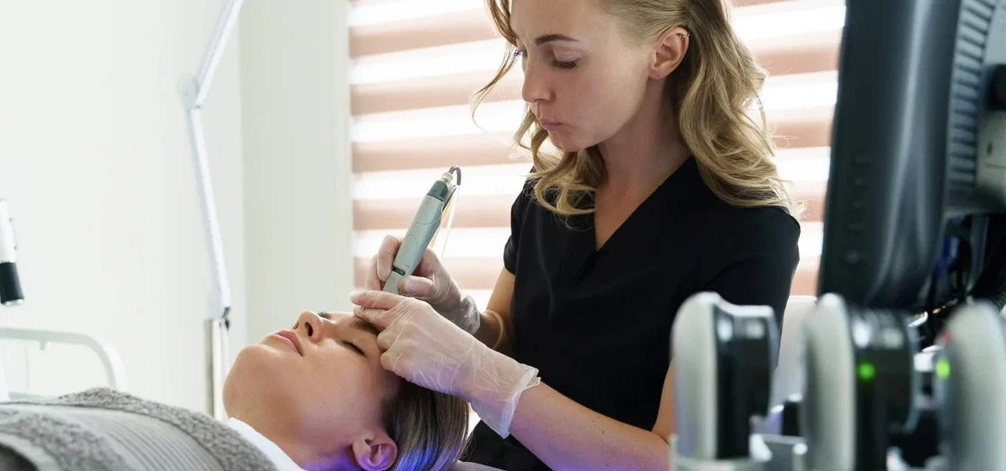 Woman during deep facial cleansing in a cosmetology clinic.