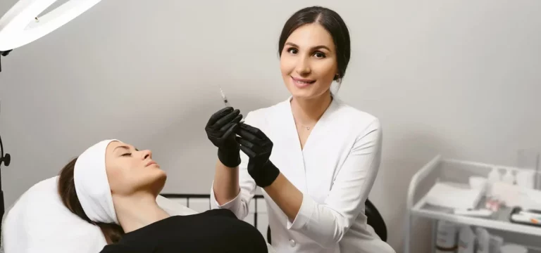 an aesthetician performs a dermal filler treatment on a client