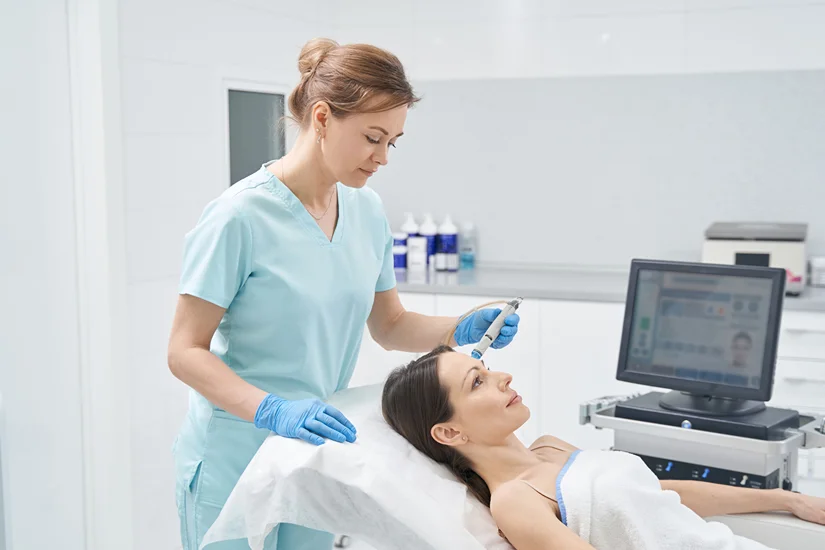 Esthetician and woman client during laser skin resurfacing treatment in a medical aesthetic clinic