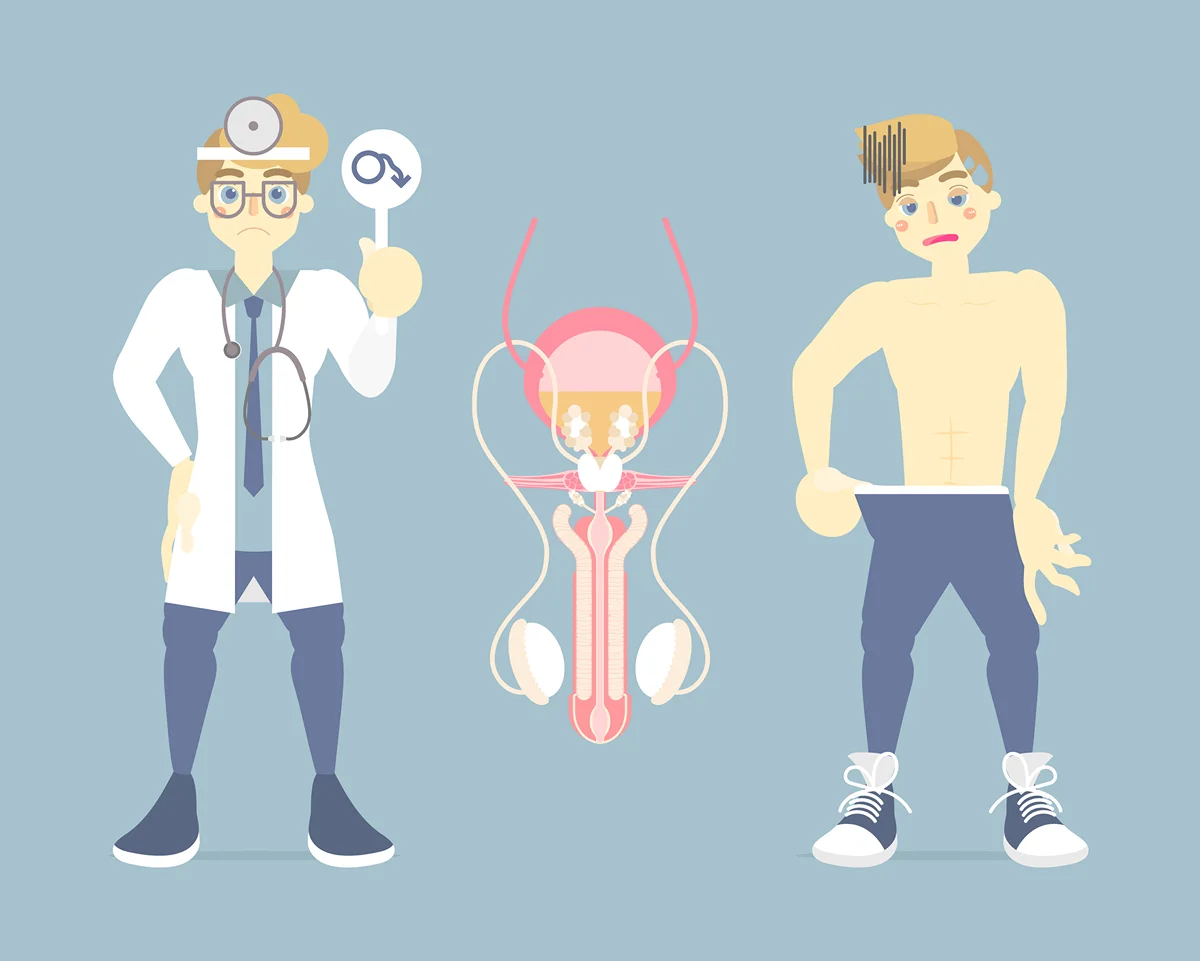Doctor with sad man looking under pants graphic