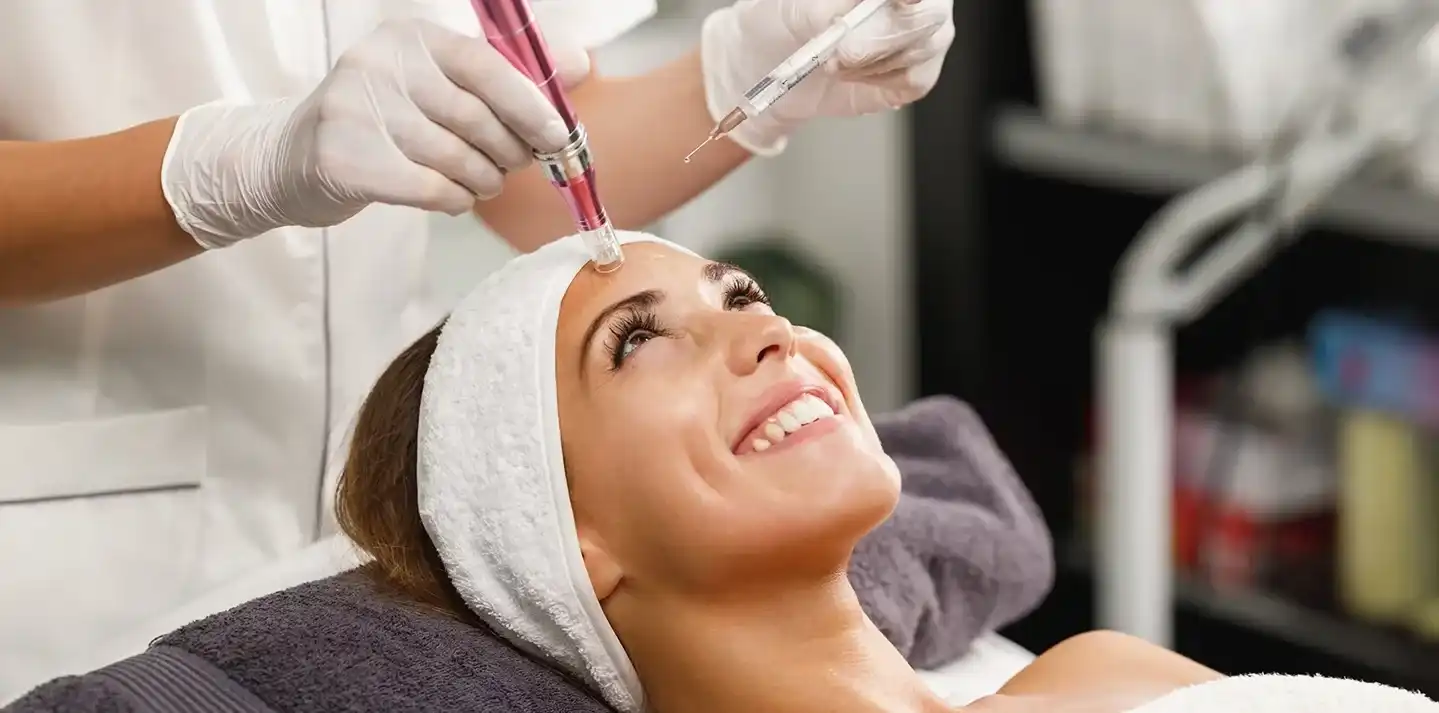 a woman received dermapen microneedling procedure in a beauty clinic