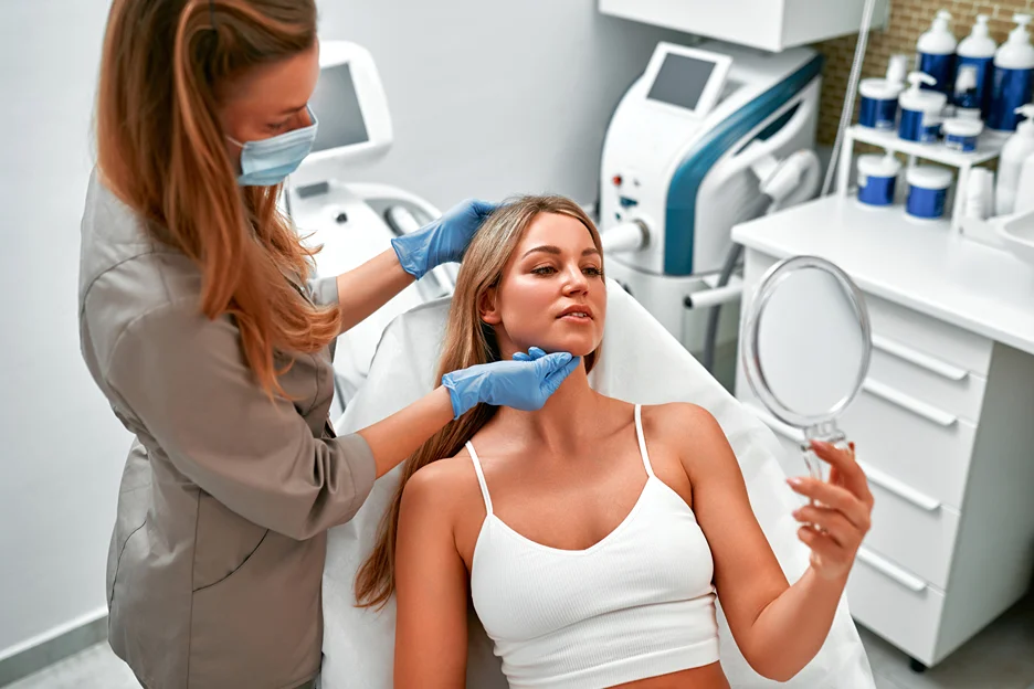 client checks her face after extraction procedure