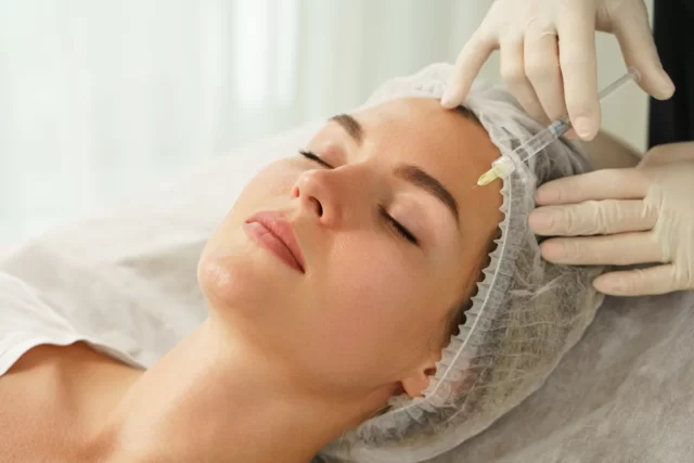an esthetician performs botox treatment on the client