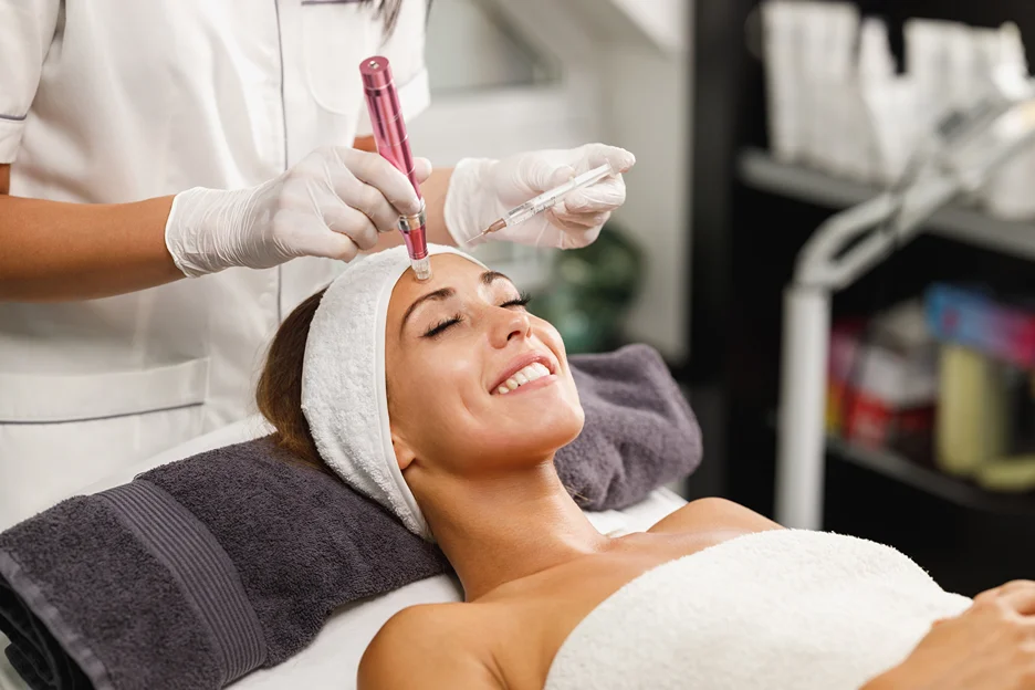 a woman had exosomes therapy with microneedling for skin rejuvenation