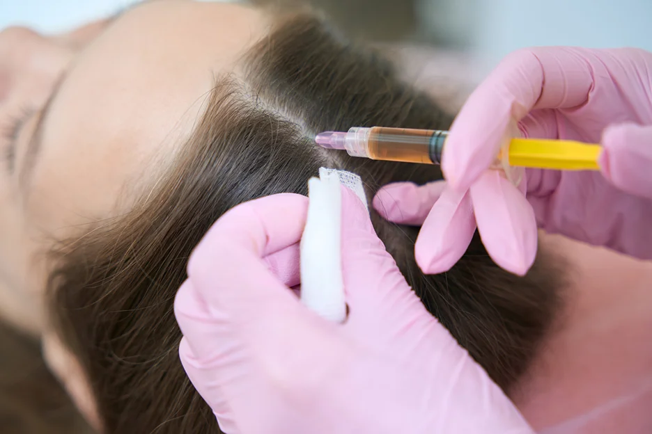 a medical provider injects exosome into the patient's scalp for hair restoration