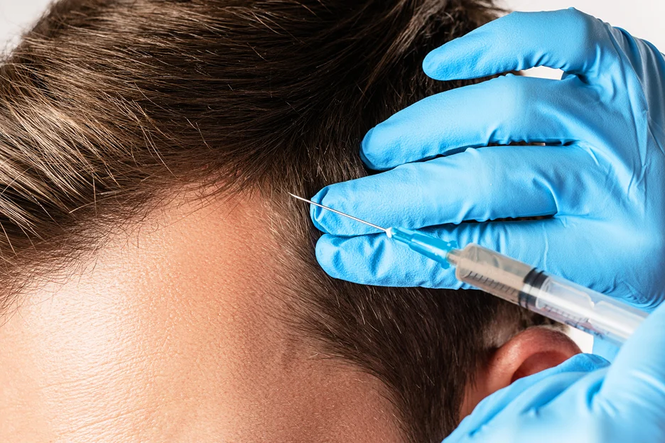 a medical provider injects exosomes into the patient's scalp for hair loss treatment