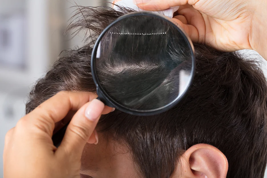 a medical provider checks the results of the exosome therapy used for hair loss treatment