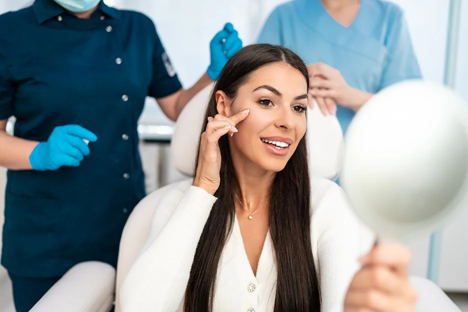 a woman checks her face in the mirror after c pdrn treatments