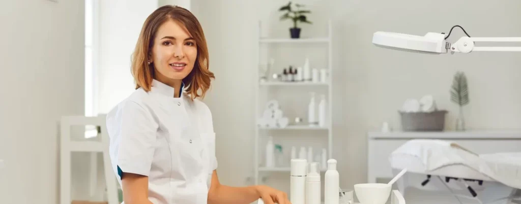 cosmetologist inside a beauty salon room with cosmetics in the background