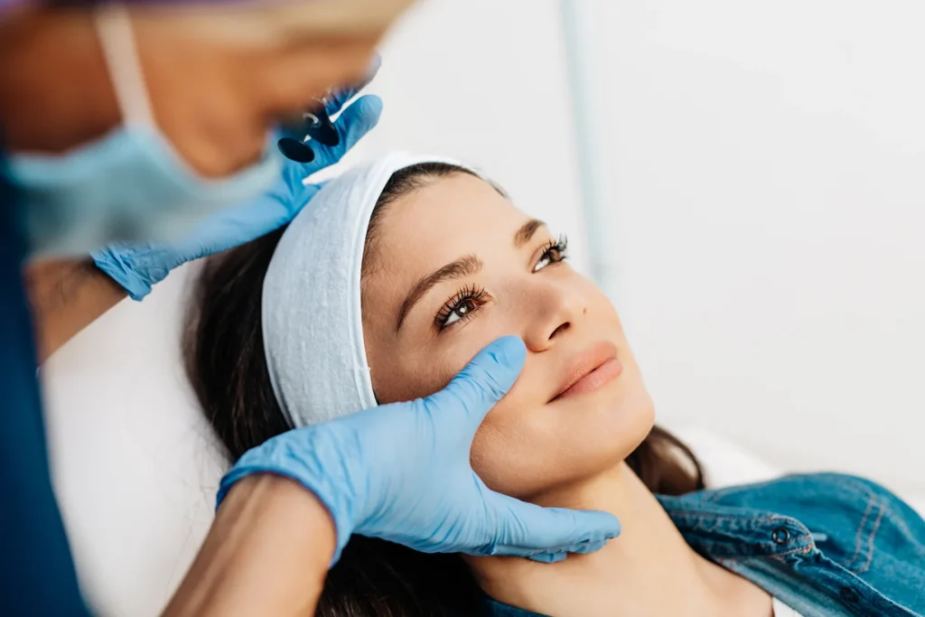 a provider checks a patient's facial anatomy before polynucleotides treatment