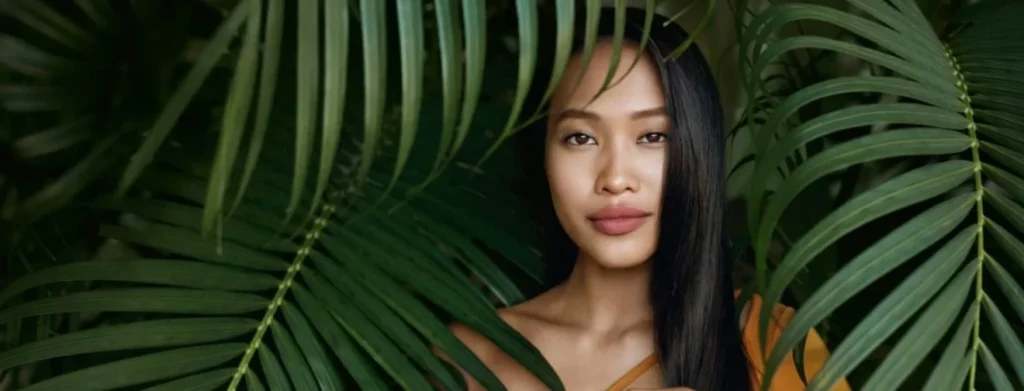 a woman model with long straight hair in pal leaves