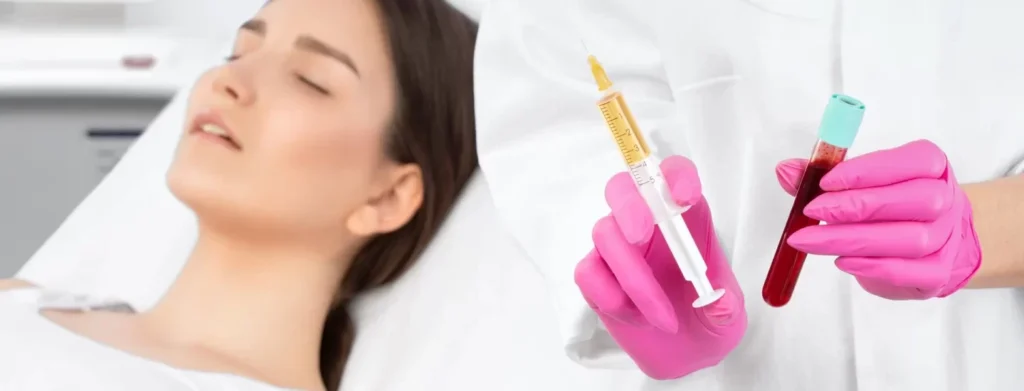 Cosmetologist showing syringe and plasma in to administer prp treatment to young woman in the background